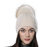 URSFUR Unisex Herbst Winter weiche und elastische Mütze aus Baumwoll mit Bommel aus Fuchspelz Bommelmütze - Beige