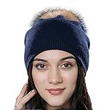 URSFUR Unisex Weiche Wolle Mütze Strickmütze Kappen mit Fellbommel aus Waschbär Fell - blau